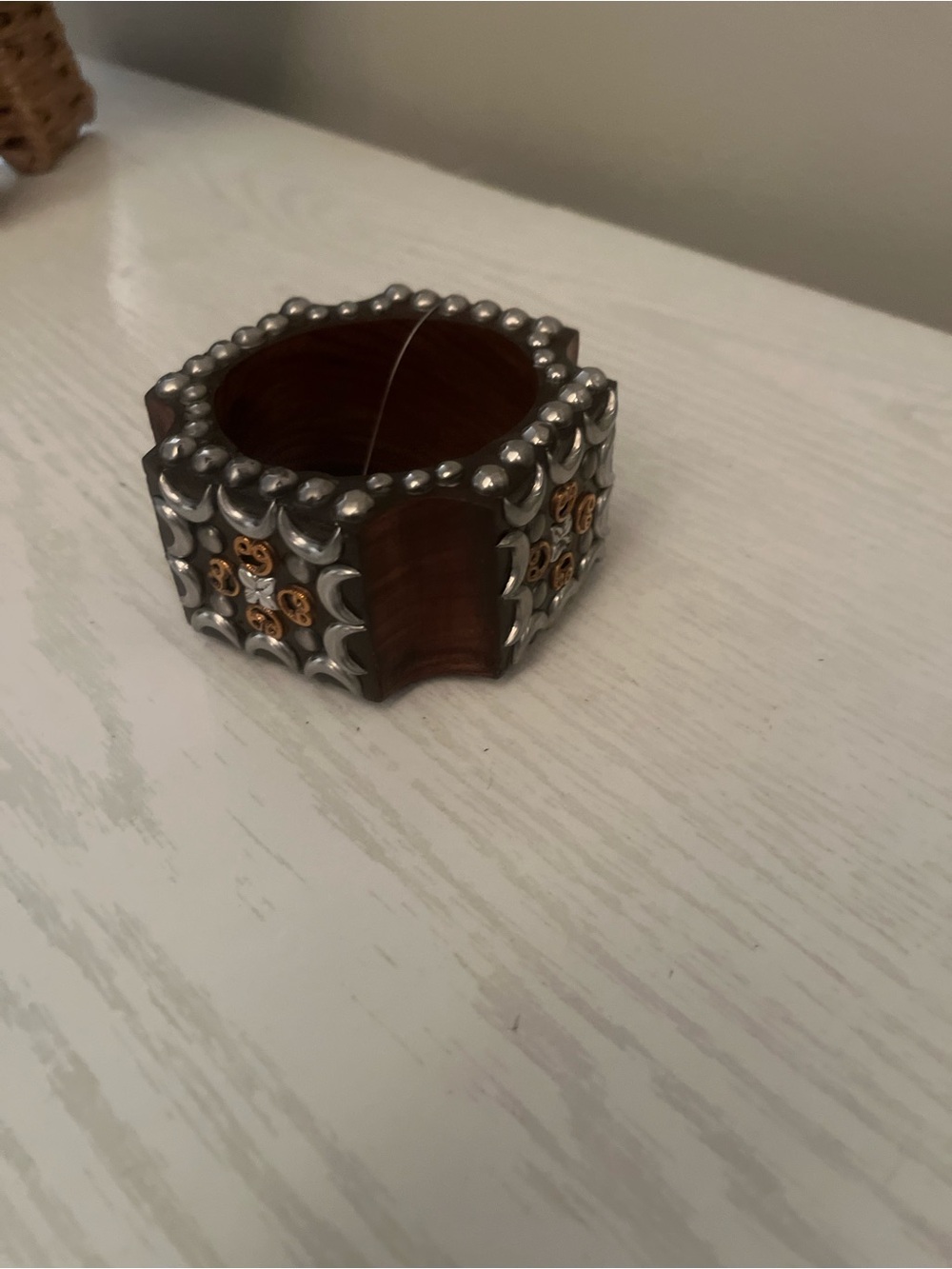 Decorative Brown Wood Cuff Bracelet with silver half moons and decorative flower